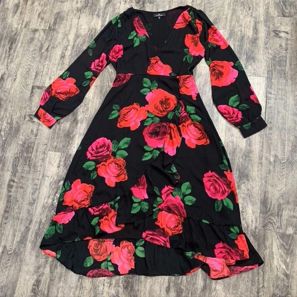 Lulus Dresses & Skirts - Lulu’s Red Rose Long Sleeve Wrap Midi Dress Size M
